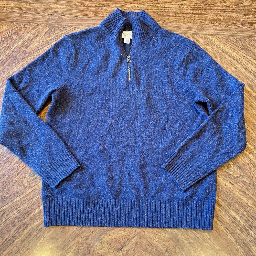 J Crew Rugged Medium Merino Wool Blend 1/4 Zip Mock Neck Sweater Men Blue